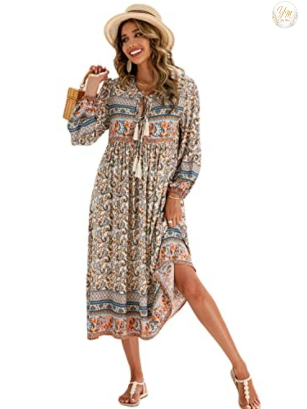 R.Vivimos Long Sleeve Boho Floral Midi Dress